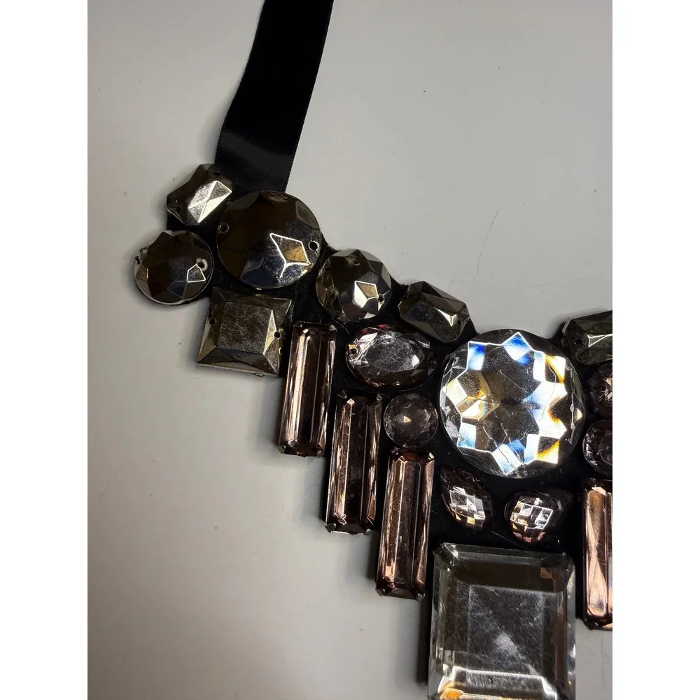 Statement Bib Necklace Black Satin Ribbon Tie Multi Gem Crystal Geometric Stone